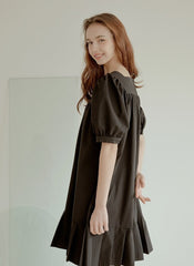 Cotton Poplin Mini Dress with Square Neckline, Puff Sleeves, and Pleated Hem Detailing