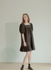 Cotton Poplin Mini Dress with Square Neckline, Puff Sleeves, and Pleated Hem Detailing