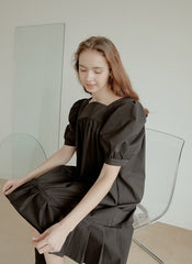 Cotton Poplin Mini Dress with Square Neckline, Puff Sleeves, and Pleated Hem Detailing