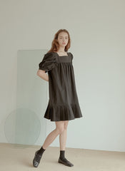 Cotton Poplin Mini Dress with Square Neckline, Puff Sleeves, and Pleated Hem Detailing