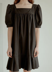 Cotton Poplin Mini Dress with Square Neckline, Puff Sleeves, and Pleated Hem Detailing