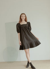 Cotton Poplin Mini Dress with Square Neckline, Puff Sleeves, and Pleated Hem Detailing