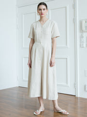 Sleeveless Midi Linen Dress with Adjustable Spaghetti Straps and Drawstring Back Detail