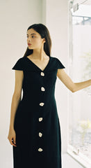 Linen Midi Dress with V-Neckline, Off-Shoulder Collar, and Statement Button Front