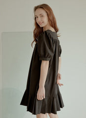 Cotton Poplin Mini Dress with Square Neckline, Puff Sleeves, and Pleated Hem Detailing