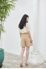 High-Waisted Linen Blend Shorts with Self-Tie Belt and Pleated Front Detailing