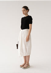 High-Waisted Gathered Midi Skirt in Breathable Lightweight Linen with Adjustable Hem Detail