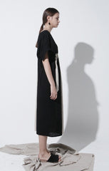 Off-Shoulder Contrast Panel Linen Midi Dress with Adjustable Waist Detail