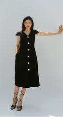 Linen Midi Dress with V-Neckline, Off-Shoulder Collar, and Statement Button Front