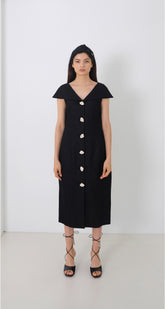 Linen Midi Dress with V-Neckline, Off-Shoulder Collar, and Statement Button Front