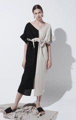 Off-Shoulder Contrast Panel Linen Midi Dress with Adjustable Waist Detail