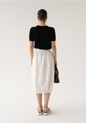High-Waisted Gathered Midi Skirt in Breathable Lightweight Linen with Adjustable Hem Detail