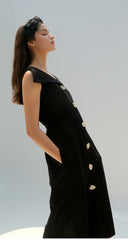 Linen Midi Dress with V-Neckline, Off-Shoulder Collar, and Statement Button Front