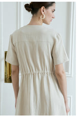 Sleeveless Midi Linen Dress with Adjustable Spaghetti Straps and Drawstring Back Detail