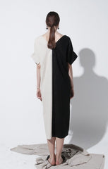 Off-Shoulder Contrast Panel Linen Midi Dress with Adjustable Waist Detail