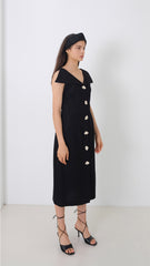 Linen Midi Dress with V-Neckline, Off-Shoulder Collar, and Statement Button Front