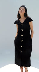 Linen Midi Dress with V-Neckline, Off-Shoulder Collar, and Statement Button Front