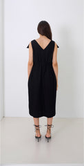 Linen Midi Dress with V-Neckline, Off-Shoulder Collar, and Statement Button Front