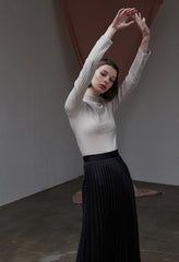 High-Waisted Pleated Silk Midi Skirt for Women with Elastic Waistband – Elegant Evening Bottom