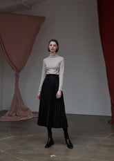 High-Waisted Pleated Silk Midi Skirt for Women with Elastic Waistband – Elegant Evening Bottom