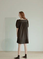 Cotton Poplin Mini Dress with Square Neckline, Puff Sleeves, and Pleated Hem Detailing