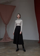 High-Waisted Pleated Silk Midi Skirt for Women with Elastic Waistband – Elegant Evening Bottom