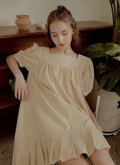 Cotton Poplin Mini Dress with Puff Sleeves, Square Neckline, and Pleated Hem Detailing
