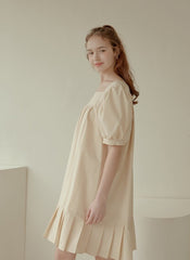 Cotton Poplin Mini Dress with Puff Sleeves, Square Neckline, and Pleated Hem Detailing