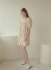 Cotton Poplin Mini Dress with Puff Sleeves, Square Neckline, and Pleated Hem Detailing