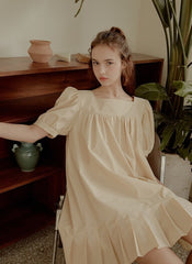 Cotton Poplin Mini Dress with Puff Sleeves, Square Neckline, and Pleated Hem Detailing