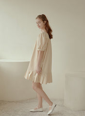 Cotton Poplin Mini Dress with Puff Sleeves, Square Neckline, and Pleated Hem Detailing