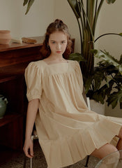 Cotton Poplin Mini Dress with Puff Sleeves, Square Neckline, and Pleated Hem Detailing