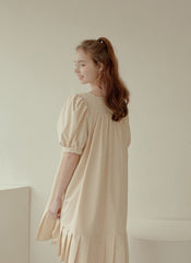 Cotton Poplin Mini Dress with Puff Sleeves, Square Neckline, and Pleated Hem Detailing