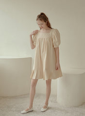 Cotton Poplin Mini Dress with Puff Sleeves, Square Neckline, and Pleated Hem Detailing