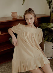 Cotton Poplin Mini Dress with Puff Sleeves, Square Neckline, and Pleated Hem Detailing
