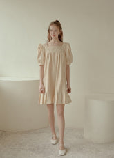 Cotton Poplin Mini Dress with Puff Sleeves, Square Neckline, and Pleated Hem Detailing