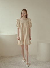 Cotton Poplin Mini Dress with Puff Sleeves, Square Neckline, and Pleated Hem Detailing