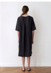 Minimalist V-Neck Midi Linen Dress for Women with Side Slits and Relaxed Short Sleeves