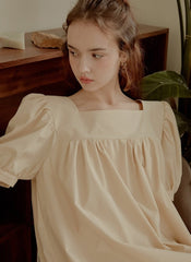 Cotton Poplin Mini Dress with Puff Sleeves, Square Neckline, and Pleated Hem Detailing