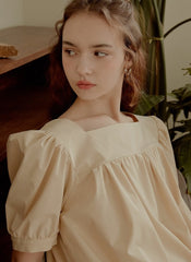 Cotton Poplin Mini Dress with Puff Sleeves, Square Neckline, and Pleated Hem Detailing