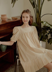 Cotton Poplin Mini Dress with Puff Sleeves, Square Neckline, and Pleated Hem Detailing