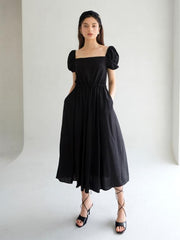 Sleeveless Linen Midi Dress With Wide Collar and Front Button Detail