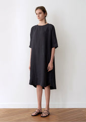 Minimalist V-Neck Midi Linen Dress for Women with Side Slits and Relaxed Short Sleeves