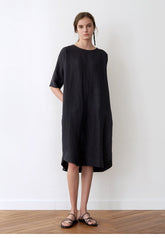 Minimalist V-Neck Midi Linen Dress for Women with Side Slits and Relaxed Short Sleeves