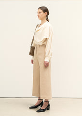 Elegant Linen Blend Draped Blouse With Wide Cuffs And Relaxed Silhouette For Modern Styling