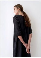 Minimalist V-Neck Midi Linen Dress for Women with Side Slits and Relaxed Short Sleeves