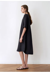 Minimalist V-Neck Midi Linen Dress for Women with Side Slits and Relaxed Short Sleeves