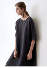 Minimalist V-Neck Midi Linen Dress for Women with Side Slits and Relaxed Short Sleeves