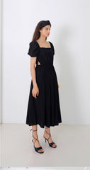 Sleeveless Linen Midi Dress With Wide Collar and Front Button Detail