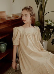 Cotton Poplin Mini Dress with Puff Sleeves, Square Neckline, and Pleated Hem Detailing